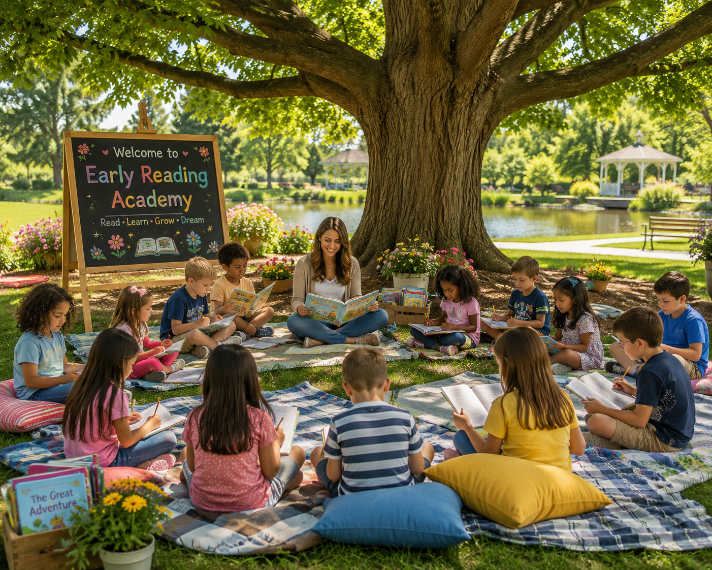 Children reading outdoors at Early Reading Academy